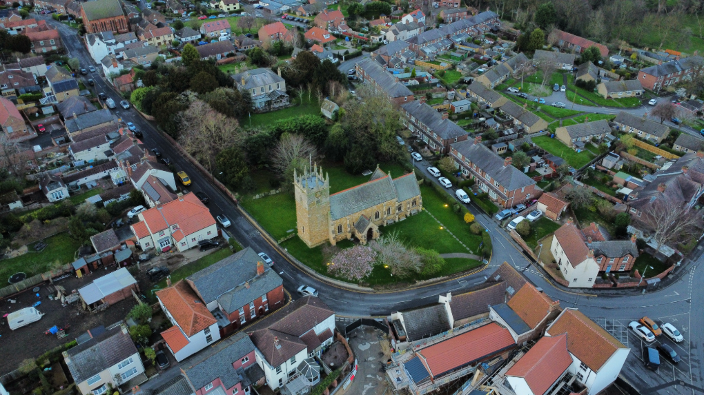 Aerial shot of Laceby Church in Grimsby.
